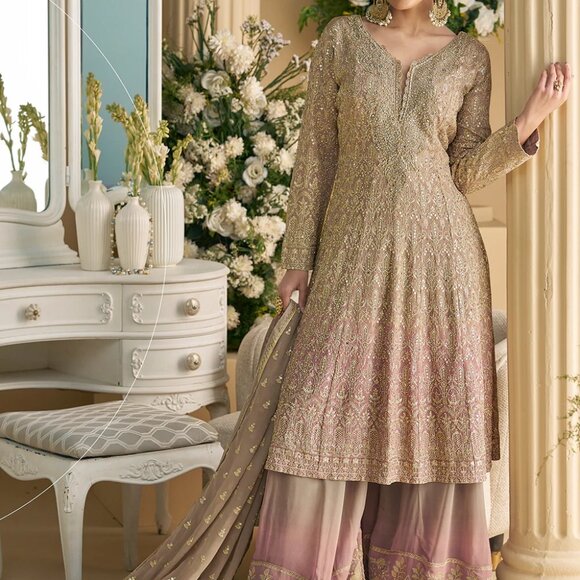 Pakistani Wedding Party Wear Georgette Beige & Pink Designer Embroidered Palazzo - Picture 4 of 5